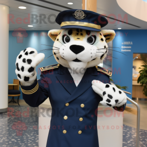 Navy Cheetah mascot costume character dressed with a Sheath Dress and Caps