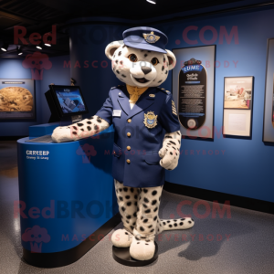 Navy Cheetah mascot costume character dressed with a Sheath Dress and Caps