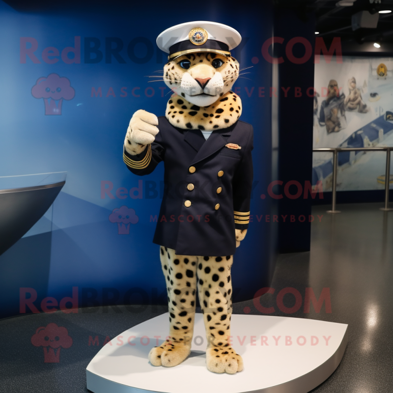 Navy Cheetah mascot costume character dressed with a Sheath Dress and Caps