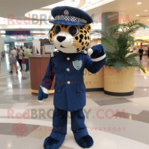 Navy Cheetah mascot costume character dressed with a Sheath Dress and Caps