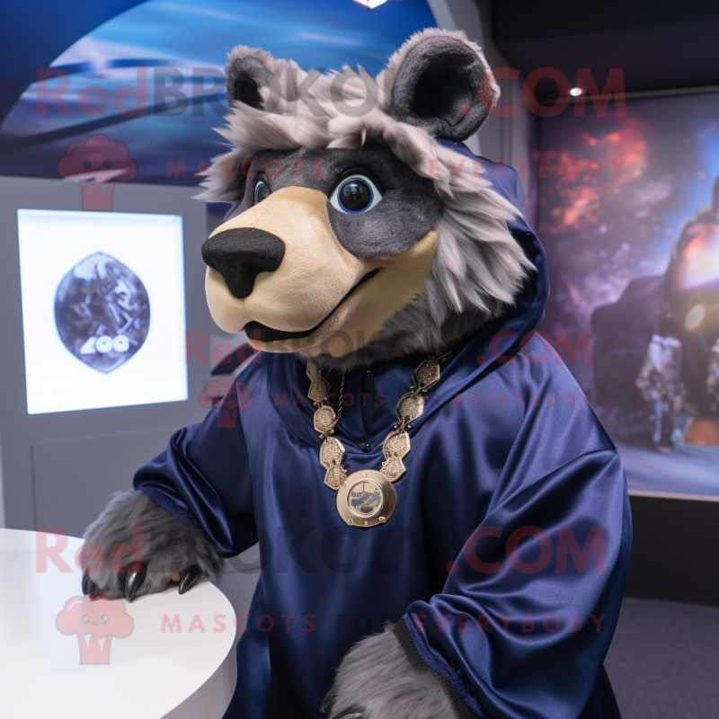 Navy Wild Boar mascot costume character dressed with a Hoodie and Necklaces Navy Wild Boar mascot costume character dressed with a Hoodie and Necklaces