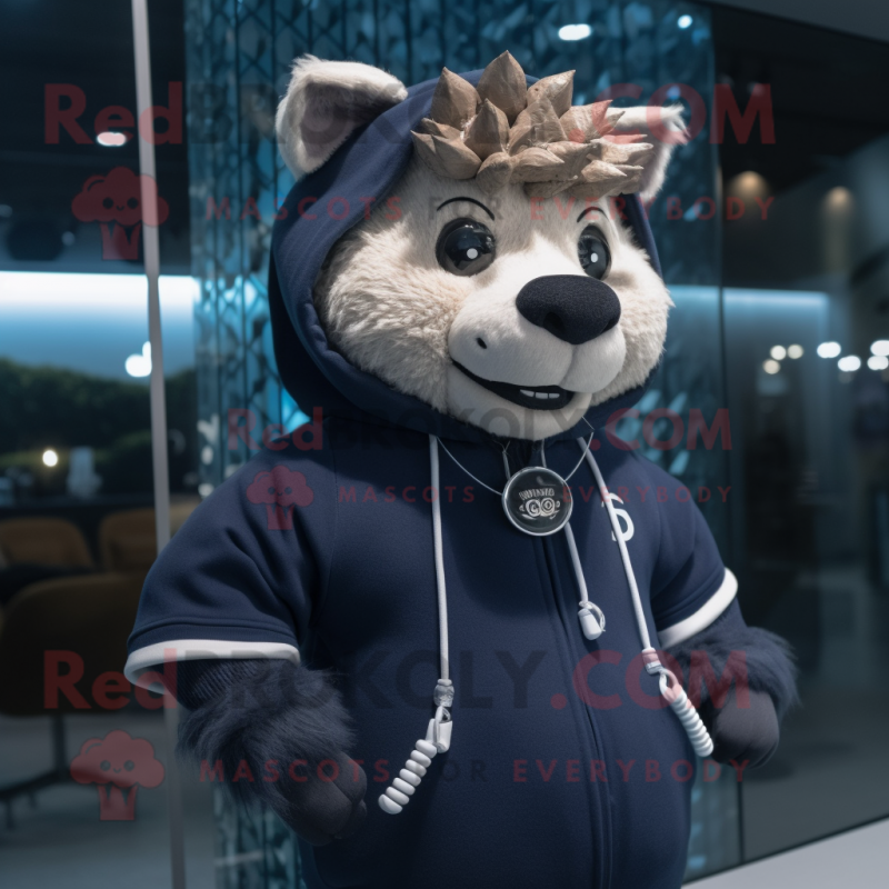 Navy Wild Boar mascot costume character dressed with a Hoodie and Necklaces Navy Wild Boar mascot costume character dressed with a Hoodie and Necklaces