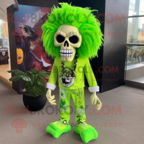 Lime Green Skull mascot costume character dressed with a Capri Pants and Hair clips