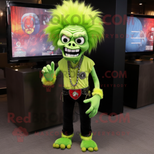 Lime Green Skull mascot costume character dressed with a Capri Pants and Hair clips