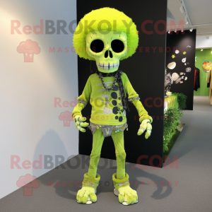 Lime Green Skull mascot costume character dressed with a Capri Pants and Hair clips