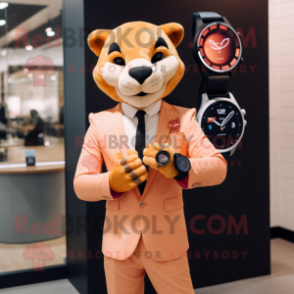 Peach Panther mascot costume character dressed with a Suit Jacket and Smartwatches