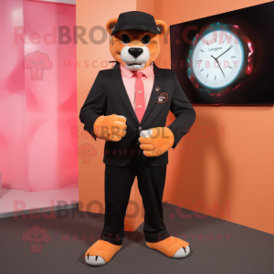 Peach Panther mascot costume character dressed with a Suit Jacket and Smartwatches