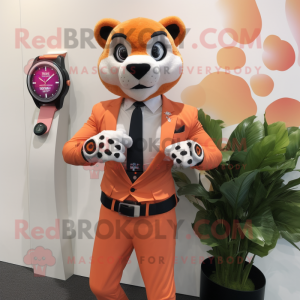 Peach Panther mascot costume character dressed with a Suit Jacket and Smartwatches