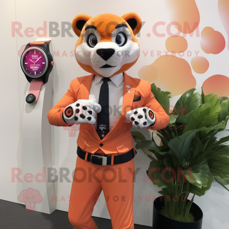 Peach Panther mascot costume character dressed with a Suit Jacket and Smartwatches Peach Panther mascot costume character dressed with a Suit Jacket and Smartwatches