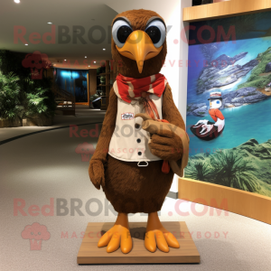 Brown Woodpecker mascot costume character dressed with a Board Shorts and Bow ties