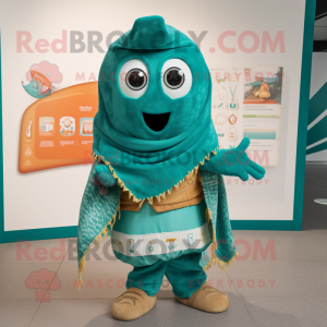 Teal Enchiladas mascot costume character dressed with a Playsuit and Scarf clips