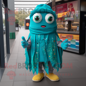 Teal Enchiladas mascot costume character dressed with a Playsuit and Scarf clips