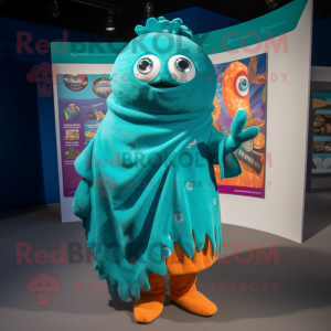 Teal Enchiladas mascot costume character dressed with a Playsuit and Scarf clips