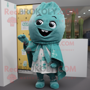 Teal Enchiladas mascot costume character dressed with a Playsuit and Scarf clips