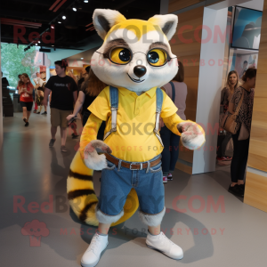 Lemon Yellow Raccoon mascot costume character dressed with a Mom Jeans and Bracelets