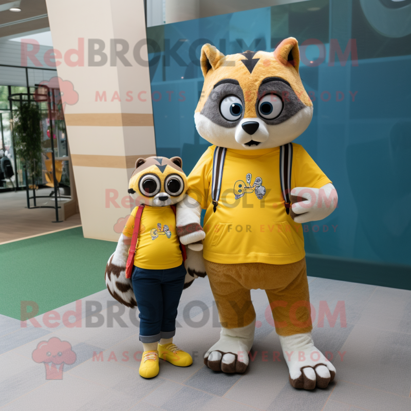 Lemon Yellow Raccoon mascot costume character dressed with a Mom Jeans and Bracelets Lemon Yellow Raccoon mascot costume character dressed with a Mom Jeans and Bracelets