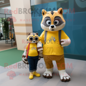 Lemon Yellow Raccoon mascot costume character dressed with a Mom Jeans and Bracelets