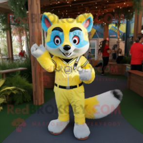 Lemon Yellow Raccoon mascot costume character dressed with a Mom Jeans and Bracelets