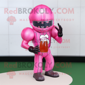 Pink American Football Helmet mascot costume character dressed with a Cocktail Dress and Gloves