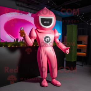 Pink American Football Helmet mascot costume character dressed with a Cocktail Dress and Gloves