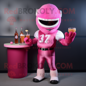 Pink American Football Helmet mascot costume character dressed with a Cocktail Dress and Gloves