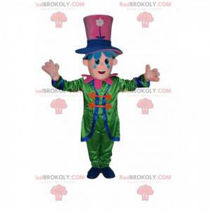 Snowman mascot with a green outfit and a large pink hat -