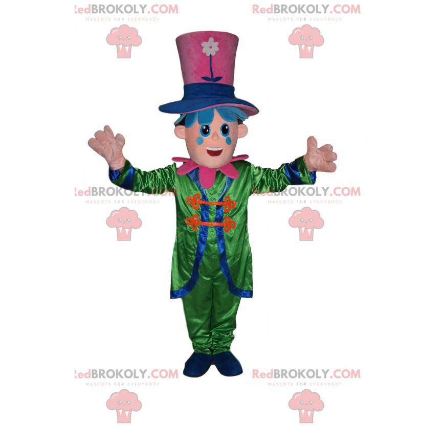 Snowman mascot with a green outfit and a large pink hat -