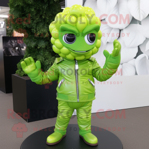 Lime Green Grape mascot costume character dressed with a Leather Jacket and Gloves