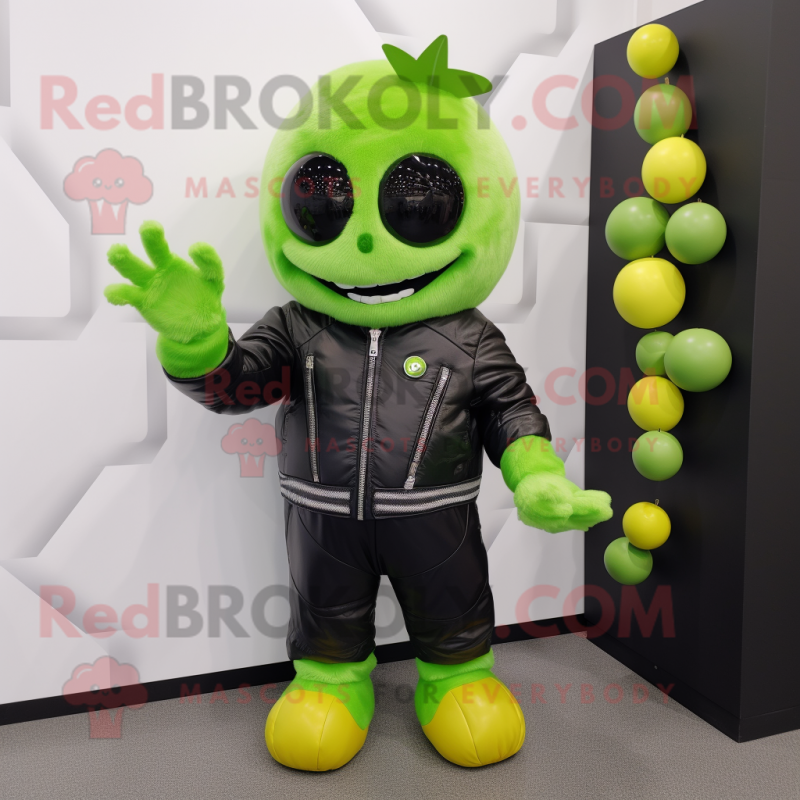 Lime Green Grape mascot costume character dressed with a Leather Jacket and Gloves