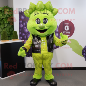 Lime Green Grape mascot costume character dressed with a Leather Jacket and Gloves