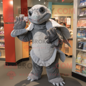 Gray Sea Turtle mascot costume character dressed with a Shift Dress and Mittens