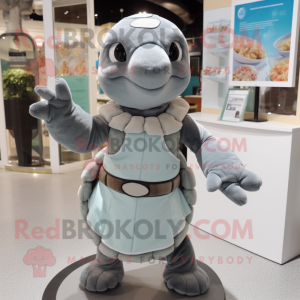 Gray Sea Turtle mascot costume character dressed with a Shift Dress and Mittens