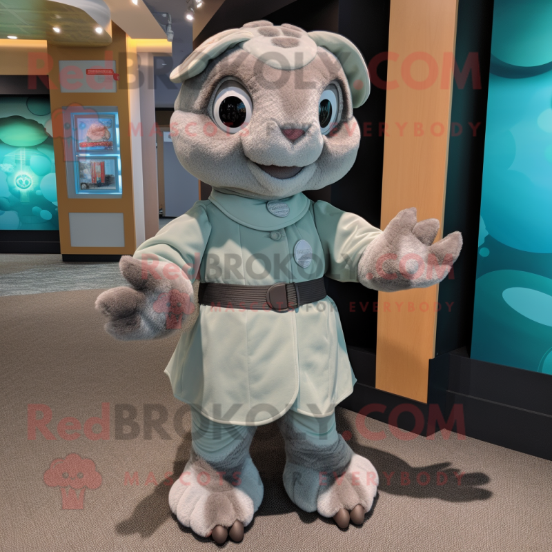 Gray Sea Turtle mascot costume character dressed with a Shift Dress and Mittens