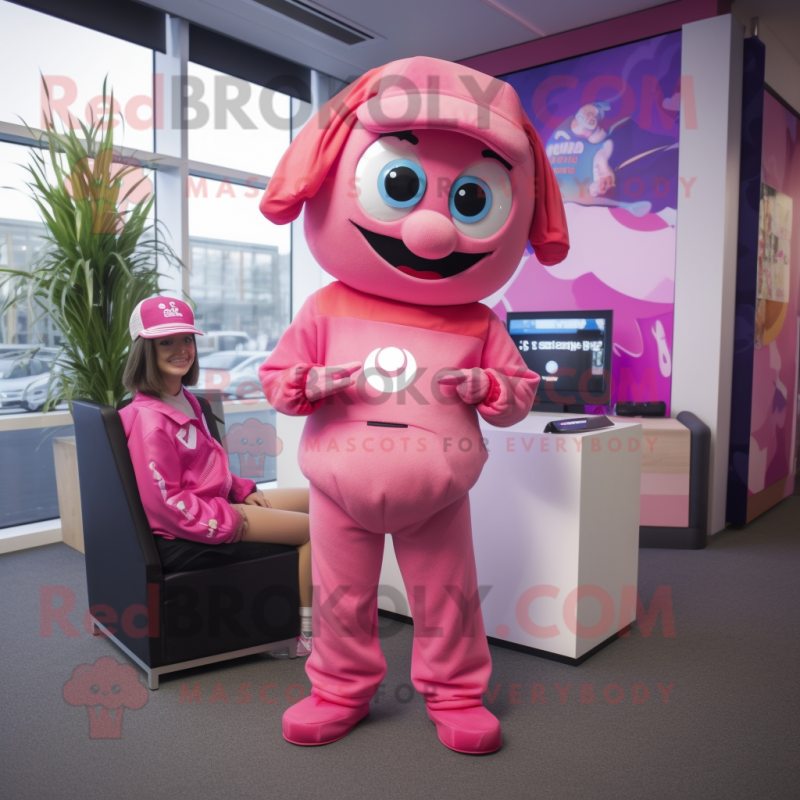 Pink Momentum mascot costume character dressed with a Romper and Brooches Pink Momentum mascot costume character dressed with a Romper and Brooches