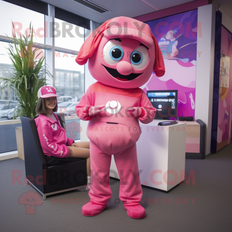 Pink Momentum mascot costume character dressed with a Romper and Brooches