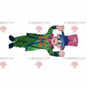 Snowman mascot with a green outfit and a large pink hat -