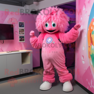 Pink Momentum mascot costume character dressed with a Romper and Brooches