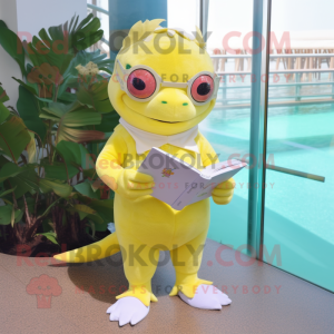 Yellow Axolotls mascot costume character dressed with a Bermuda Shorts and Reading glasses
