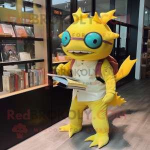 Yellow Axolotls mascot costume character dressed with a Bermuda Shorts and Reading glasses