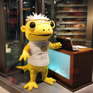 Yellow Axolotls mascot costume character dressed with a Bermuda Shorts and Reading glasses