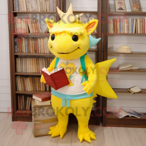 Yellow Axolotls mascot costume character dressed with a Bermuda Shorts and Reading glasses