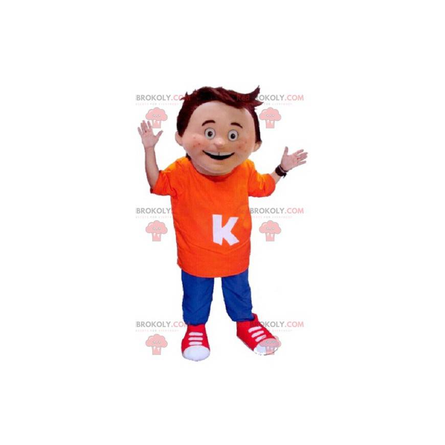 Little boy mascot wearing an orange and blue outfit -
