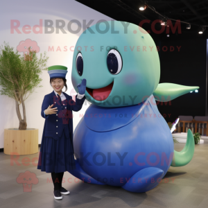 Olive Blue Whale mascot costume character dressed with a Evening Gown and Smartwatches