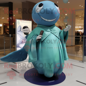 Olive Blue Whale mascot costume character dressed with a Evening Gown and Smartwatches