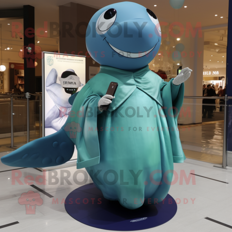 Olive Blue Whale mascot costume character dressed with a Evening Gown and Smartwatches