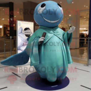Olive Blue Whale mascot costume character dressed with a Evening Gown and Smartwatches
