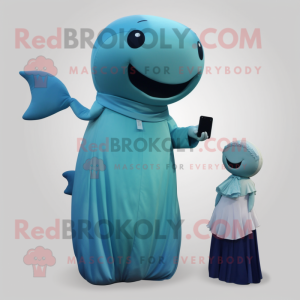 Olive Blue Whale mascot costume character dressed with a Evening Gown and Smartwatches