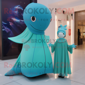 Olive Blue Whale mascot costume character dressed with a Evening Gown and Smartwatches