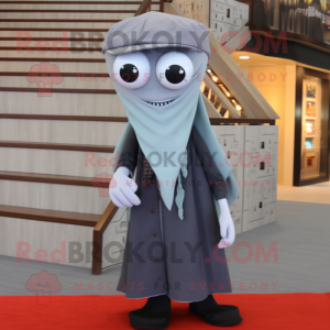 Gray Squid mascot costume character dressed with a Dress Shirt and Scarves