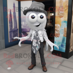Gray Squid mascot costume character dressed with a Dress Shirt and Scarves